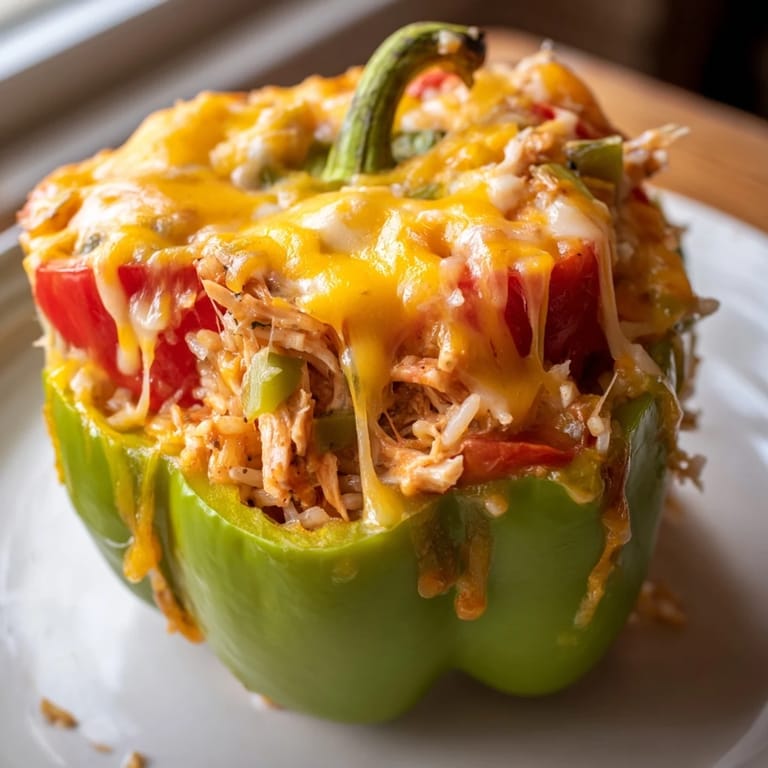 Homemade Cheesy Chicken Stuffed Peppers with vibrant bell peppers and a cheesy, tempting filling.