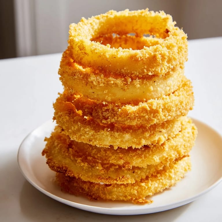 See a towering pile of delicious Crispy Onion Rings, with a perfect golden-brown, crunchy exterior.