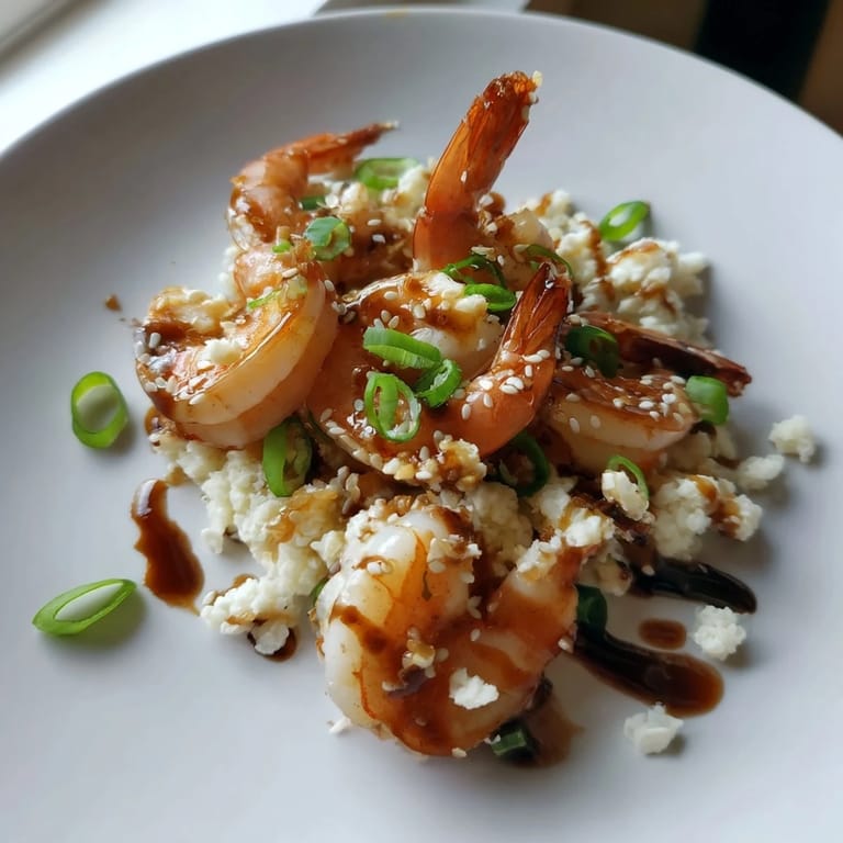 Close-up of perfectly cooked ginger garlic shrimp, glistening with a savory soy glaze atop cauliflower rice.