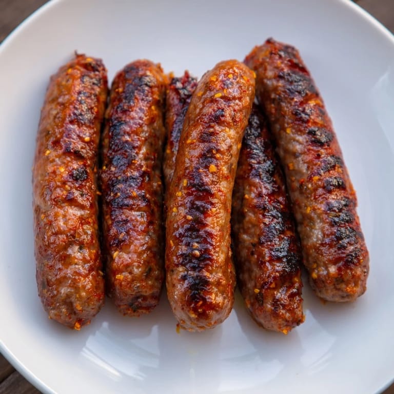 Close-up of juicy Romanian mici, showing char marks from the grill and delicious texture.