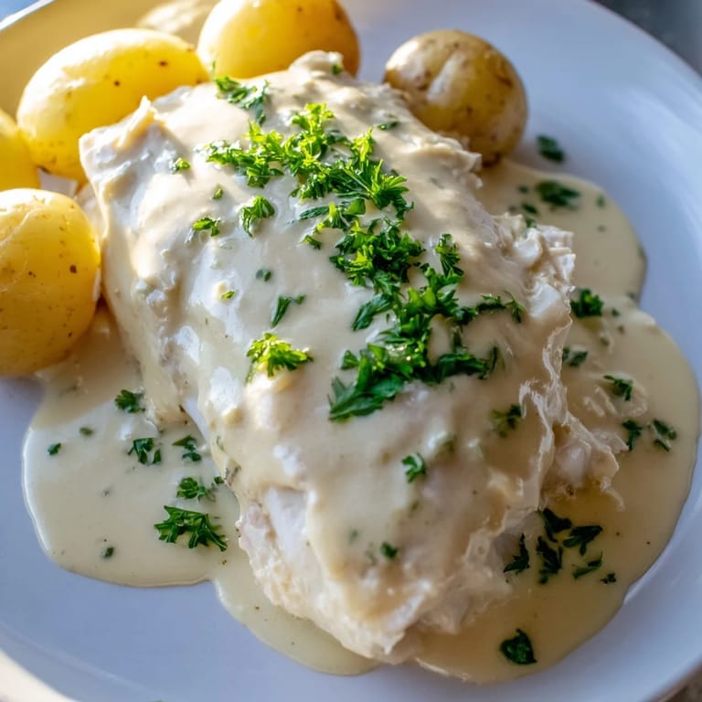 Flaky Norwegian Lutefisk served with boiled potatoes and a generous drizzle of mustard sauce.