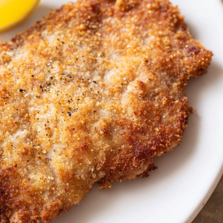 Imagine a plate of crispy German Schnitzel Cutlet, served with bright lemon wedges and fresh parsley.