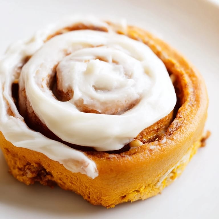 Freshly frosted Pumpkin Cinnamon Rolls sit on a white plate, topped with a drizzle of cream cheese icing and a dusting of cinnamon.