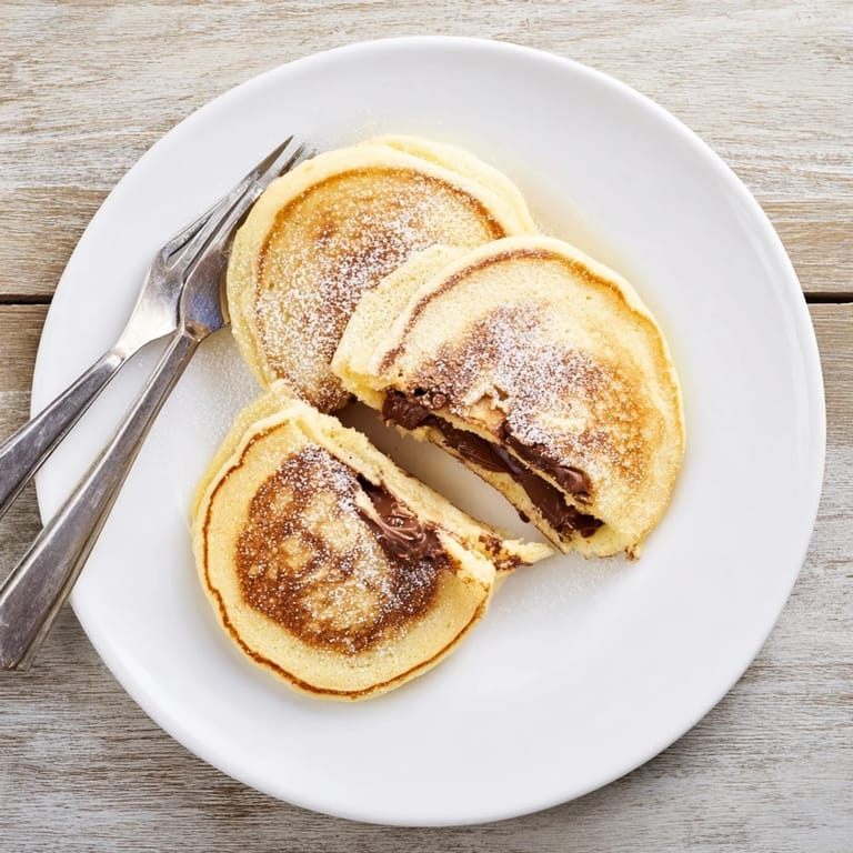 Two fluffy Nutella Stuffed Pancakes drizzled with syrup and topped with sliced strawberries.