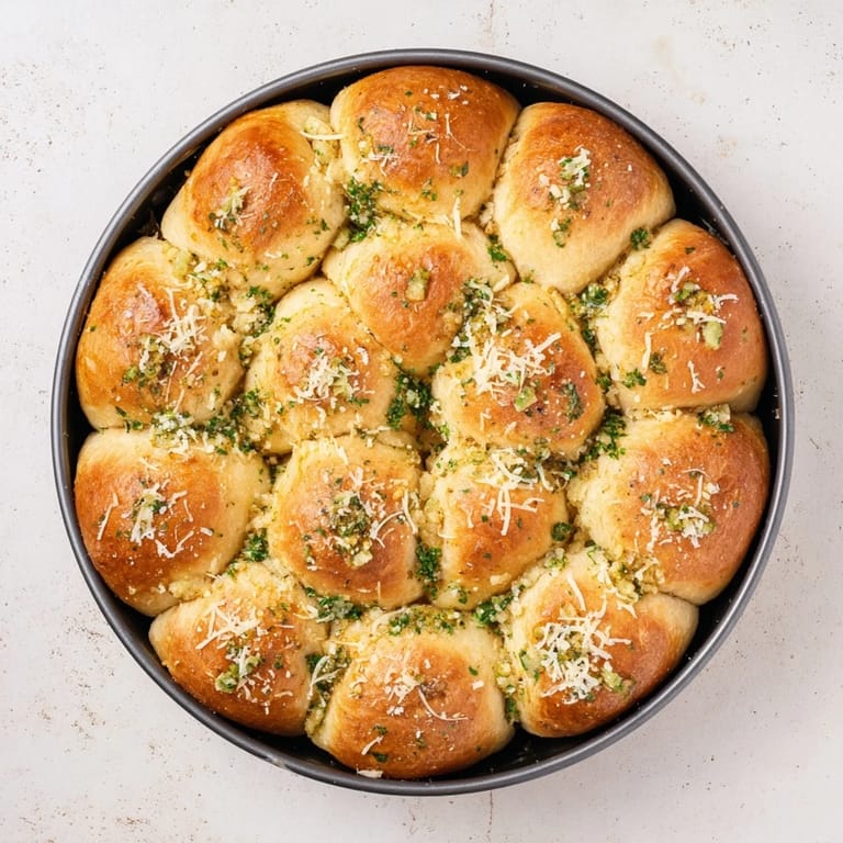 Garlic Butter Bread Pull-Apart rolls arranged in a skillet, with aromatic minced garlic and melted butter glistening on the golden-brown tops.