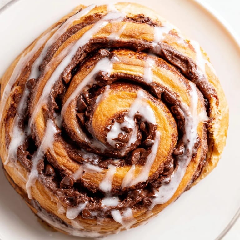 Freshly baked Nutella Chocolate Chip Rolls served warm in a baking pan, glistening with sweet glaze and ready to enjoy for a decadent breakfast treat.