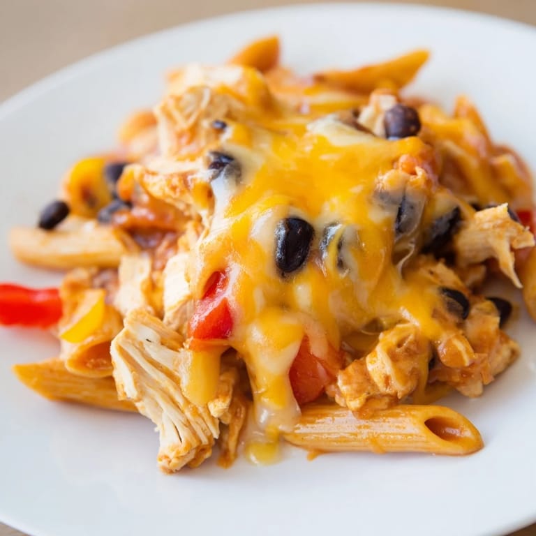Steam rises from a hearty bowl of Chicken Enchilada Pasta, garnished with fresh cilantro and creamy sour cream.