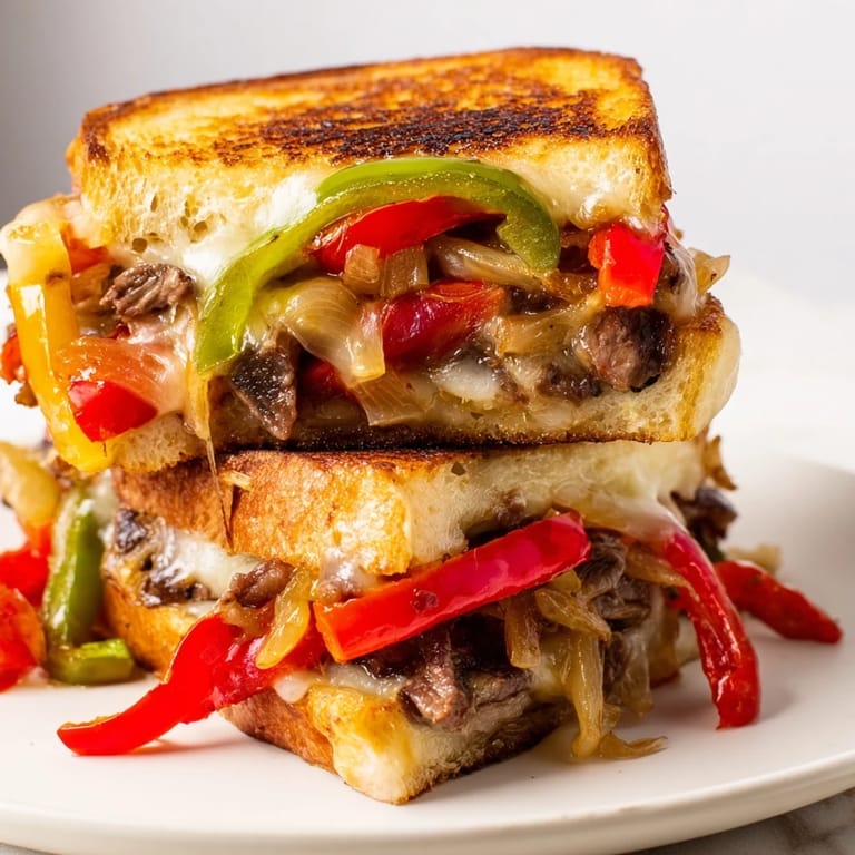 Perfectly grilled and cut in half, this Philly Cheesesteak Grilled Cheese showcases the savory ribeye and vegetable mixture oozing with melted cheese between toasted bread slices.