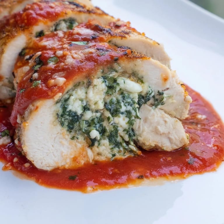 Freshly baked spinach ricotta stuffed chicken sliced to reveal the creamy, herb-infused filling, paired with crusty bread for a satisfying dinner.