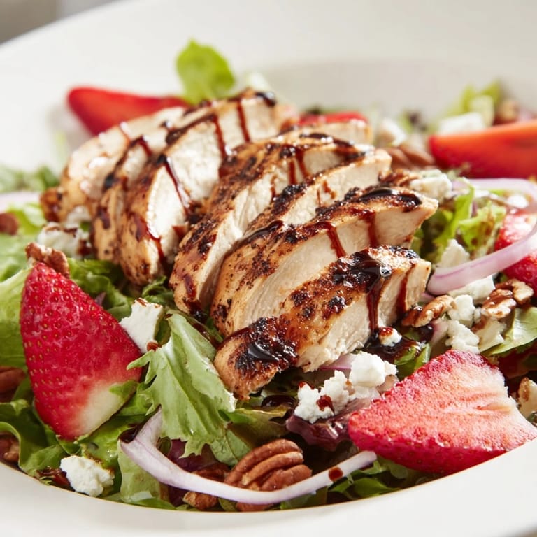 Honey Balsamic Chicken Salad in a rustic white bowl, topped with sliced strawberries, red onion, and pecans, with a honey balsamic glaze on the side.