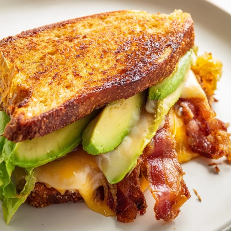 Golden Avocado BLT Grilled Cheese sandwich halves reveal creamy avocado, juicy tomato, and crunchy bacon between toasty bread slices.