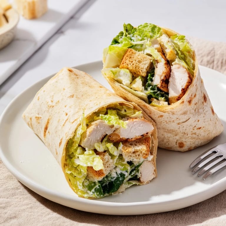 Sliced Caesar chicken salad wrap on a plate, revealing layers of romaine, parmesan, and grilled chicken.