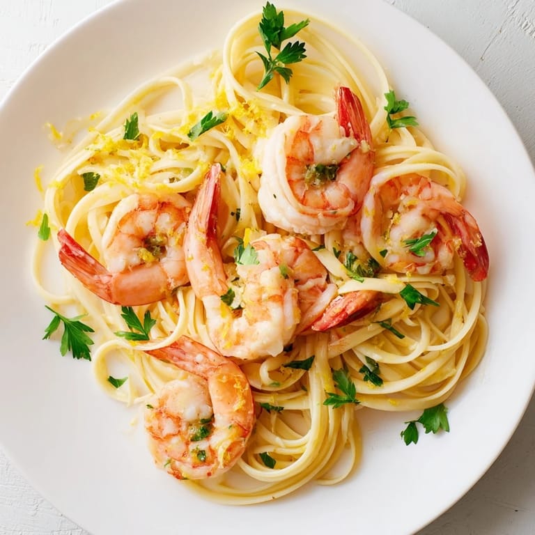 Close-up of Garlic Butter Shrimp Linguine featuring succulent shrimp and al dente pasta in a buttery sauce.