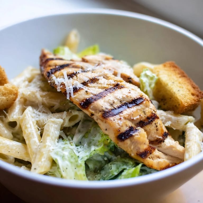 A hearty Caesar Pasta Chicken Bowl served warm, garnished with black pepper and ready for a satisfying family dinner.