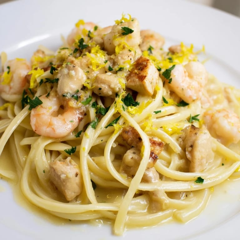 This Lemon Garlic Shrimp & Chicken Pasta features a vibrant, saucy toss of pasta, juicy seafood, and bright lemon zest, ready to be served with extra parsley and a lemon wedge.