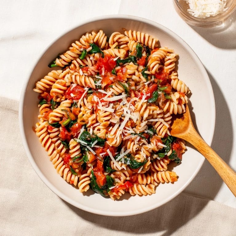 Weeknight-friendly Tomato Spinach One-Pot Rotini cooked in savory broth, garnished with fresh basil and red pepper flakes.