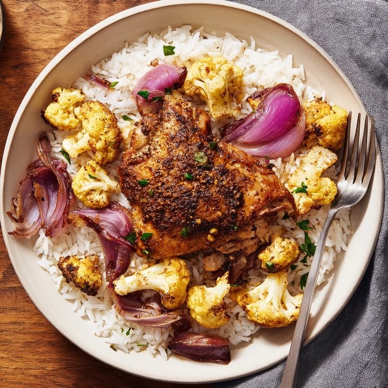 Roasted Cauliflower Chicken Sheet Pan meal with tender vegetables, juicy chicken thighs, and lemon wedges for a bright finish.  