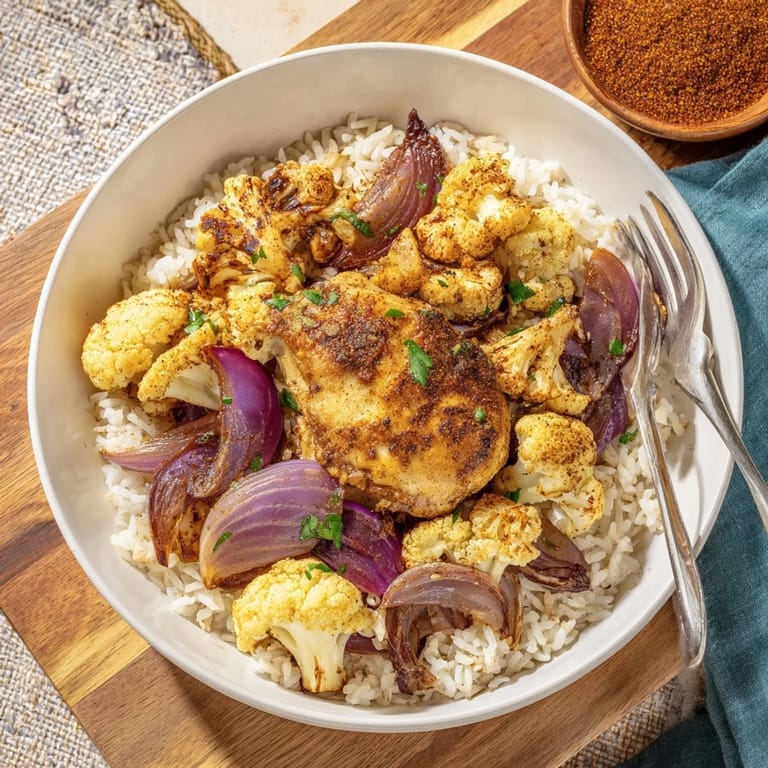 A close-up of the Roasted Cauliflower Chicken Sheet Pan showing paprika-spiced chicken nestled among caramelized cauliflower and onions.