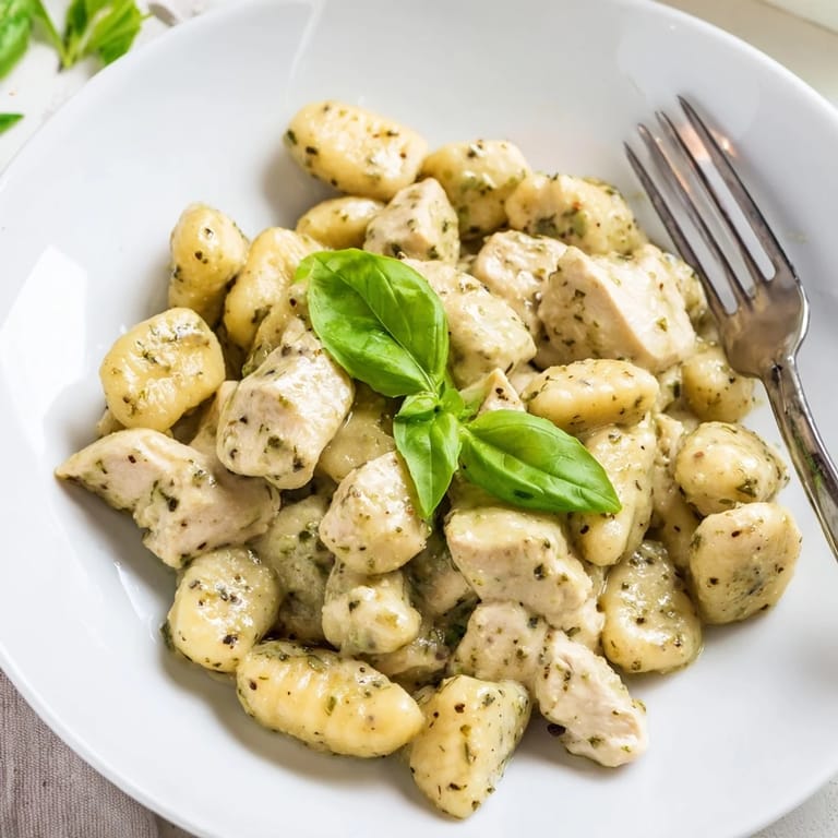 Creamy Pesto Gnocchi with Chicken is garnished with fresh basil leaves and a sprinkle of Parmesan, steaming on a wooden table.  