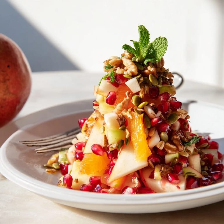 Healthy pomegranate and walnut salad served in a white ceramic bowl, featuring diced pears and crunchy sunflower seeds.