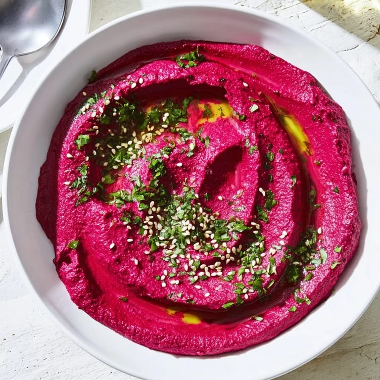 Close-up of Roasted Beet Hummus topped with fresh herbs and seeds, a vivid pink dip served alongside colorful veggie sticks.