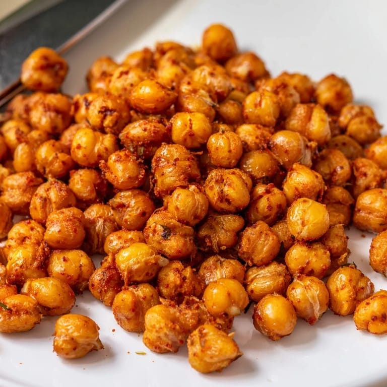 Close-up of Crispy Chickpea Snack showcasing each crunchy legume coated in smoky spice blend.  