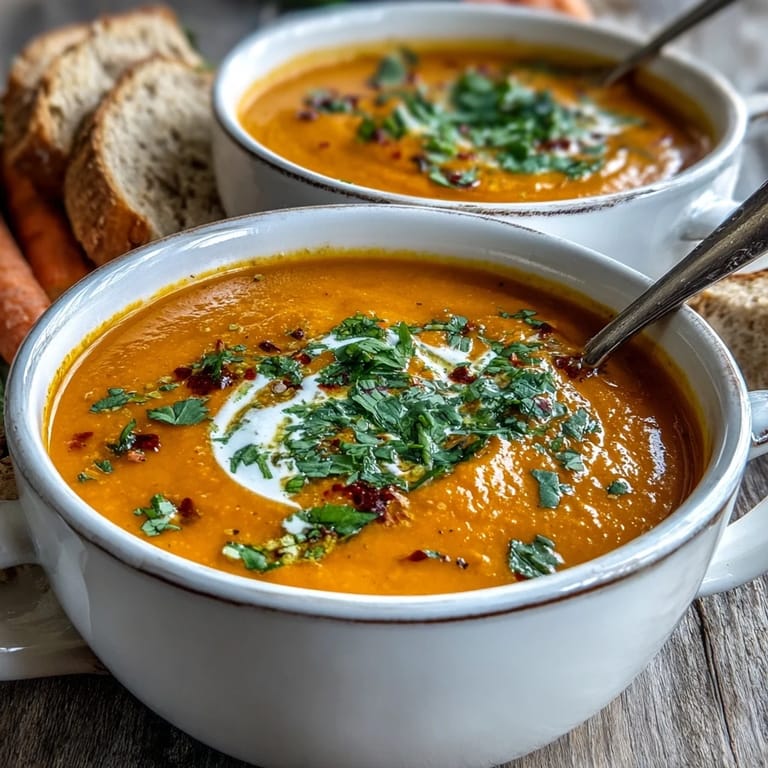 Creamy Carrot, Celeriac and Chilli Soup served hot in a rustic bowl, ready to enjoy with crusty gluten-free bread.
