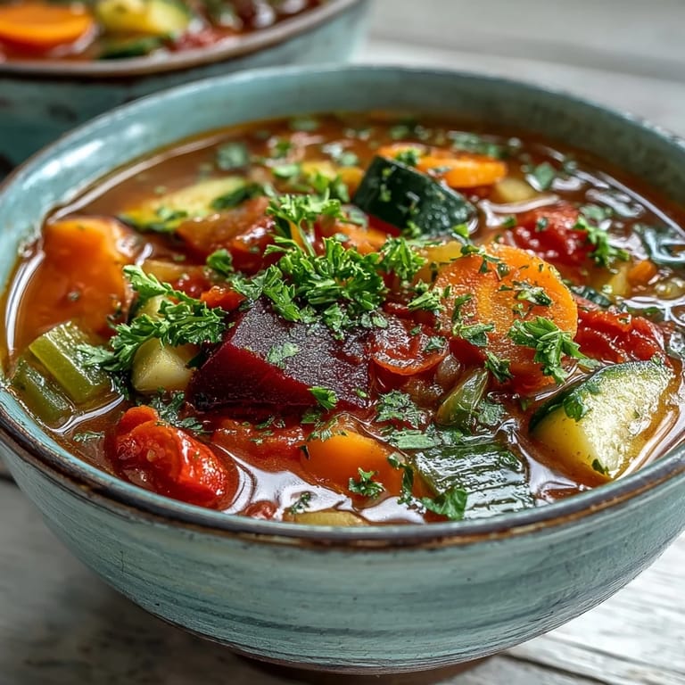 Healthy serving of Rainbow Vegetable Detox Soup garnished with fresh parsley and lemon slices.