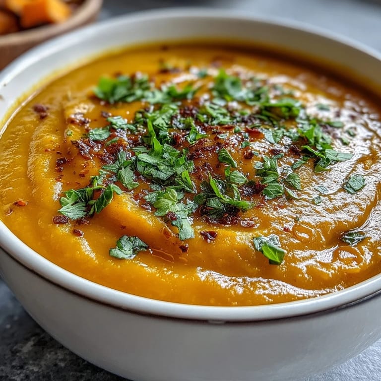 Hearty vegan Butternut Squash and Lentil Soup in a dark stoneware mug, ready to enjoy on a cozy, cool autumn day.