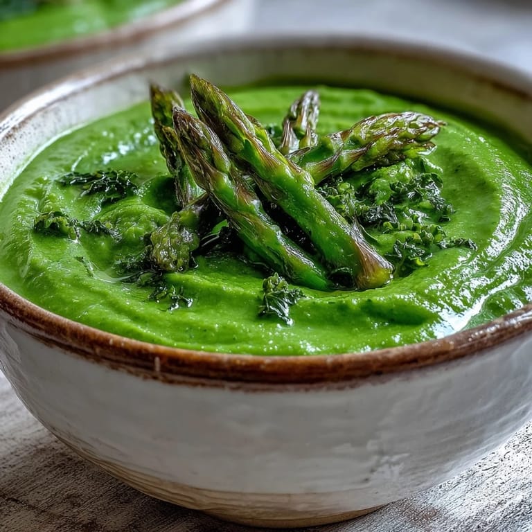 Vibrant Big Green Immunity-Boosting Vegetable Soup featuring asparagus and cashews, garnished with lemon zest and a drizzle of olive oil.