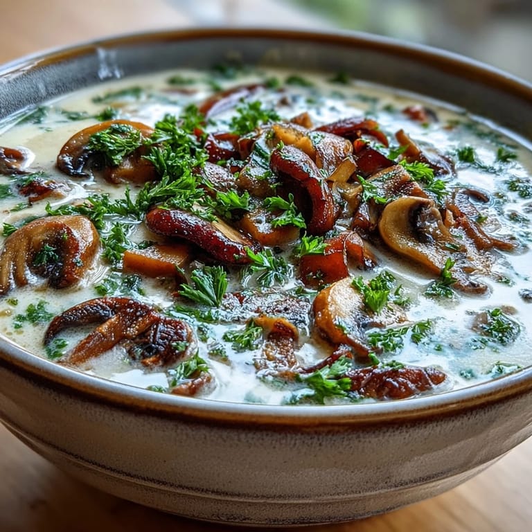 Ladle pouring rich Creamy Mushroom Stroganoff Soup into a white ceramic serving bowl.
