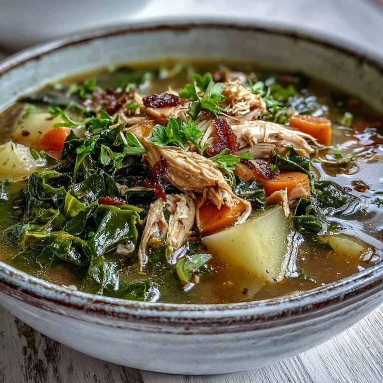 Savory Collard Greens, Chicken and Vegetable Soup served in rustic bowls with crusty bread.