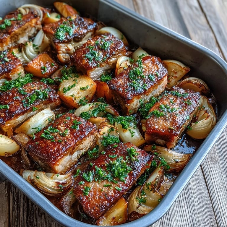 Golden, thick-cut slices of Pork and Aromatic Rhubarb Traybake rest on a rustic ceramic platter. The pork glistens with savory spices, while the rhubarb offers a tangy contrast to the roasted onions, ready to be served with couscous.