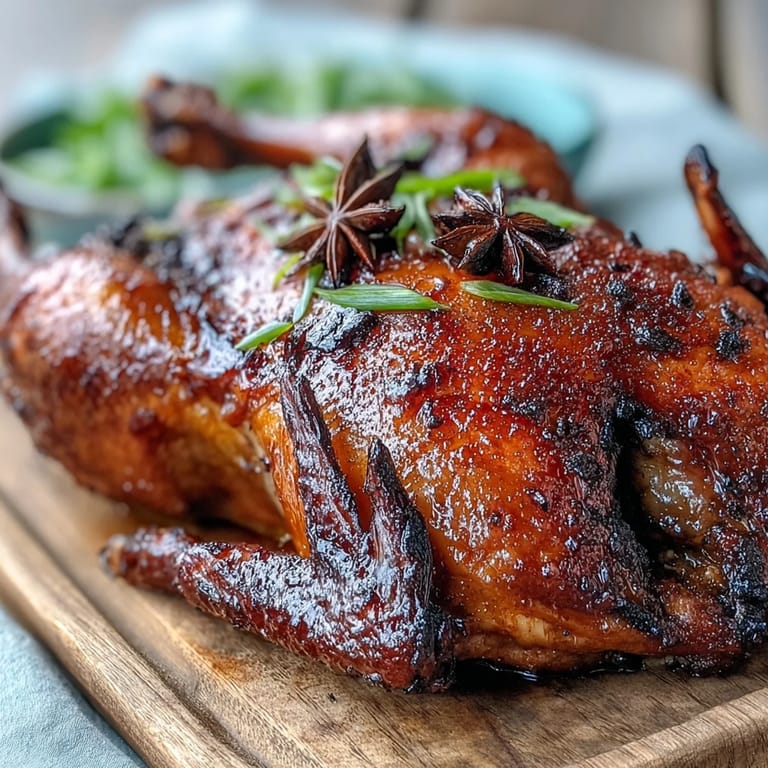 Five-Spice Roast Ducks resting on a roasting rack over aromatic orange slices and star anise after cooking.