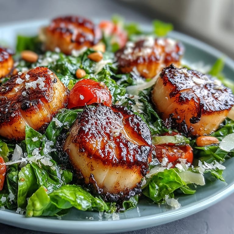 Dinner plate with seared scallops, escarole salad, and pesto vinaigrette garnished with pine nuts.