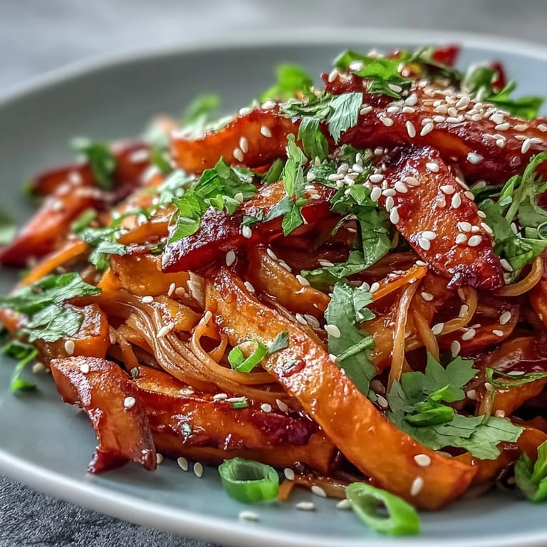 Rice noodles and caramelized swede ribbons are tossed in a bold gochujang sauce for a quick, easy dinner.