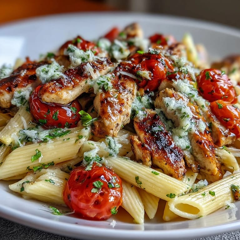 Bright basil and mozzarella tossed with tender chicken in Bruschetta Chicken Pasta, finished with olive oil and black pepper.