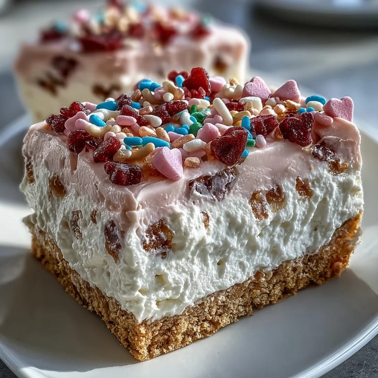 Slices of Candy Hearts Fake Cake show a buttery graham cracker crust and crunchy heart candies, perfect for parties.