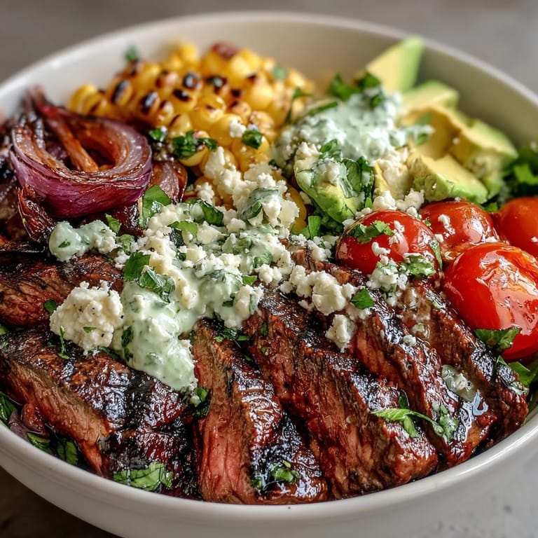 Freshly sliced avocado and juicy steak mingle with roasted corn and tomatoes in a bowl, finished with a zesty drizzle of cilantro lime cream sauce.