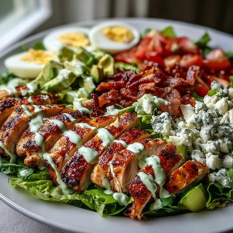 Hearty Cobb Salad Bowl with rows of grilled chicken, bacon, avocado, and eggs, ready for a satisfying lunch.