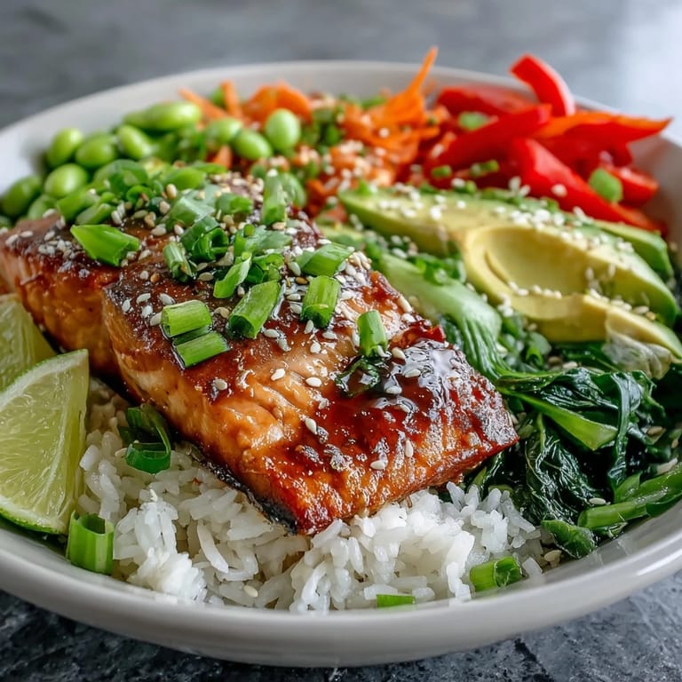 Close-up of Soy Ginger Salmon Bowl showing glazed salmon fillet, crisp stir-fry veggies, and a lime wedge for squeezing.
