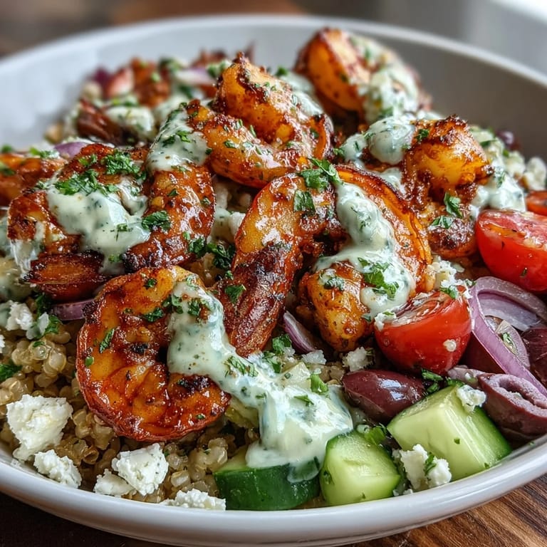 A vibrant Mediterranean Shrimp Bowl featuring sautéed shrimp, grains, and veggies with tahini sauce, ready to serve.