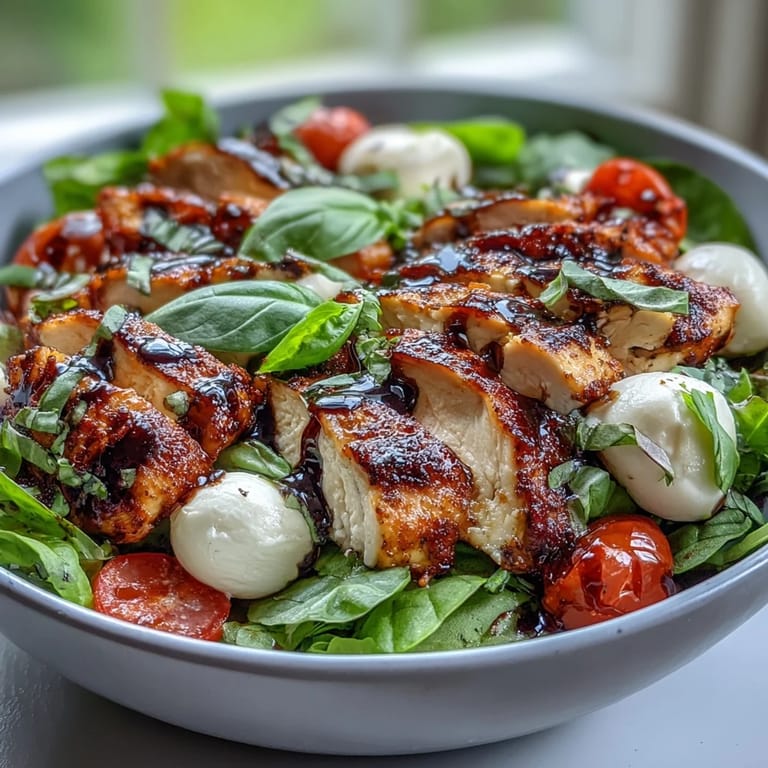 A freshly prepared Caprese Chicken Bowl served on a white plate, featuring marinated grilled chicken, sliced mozzarella, ripe tomatoes, and a glistening balsamic glaze.