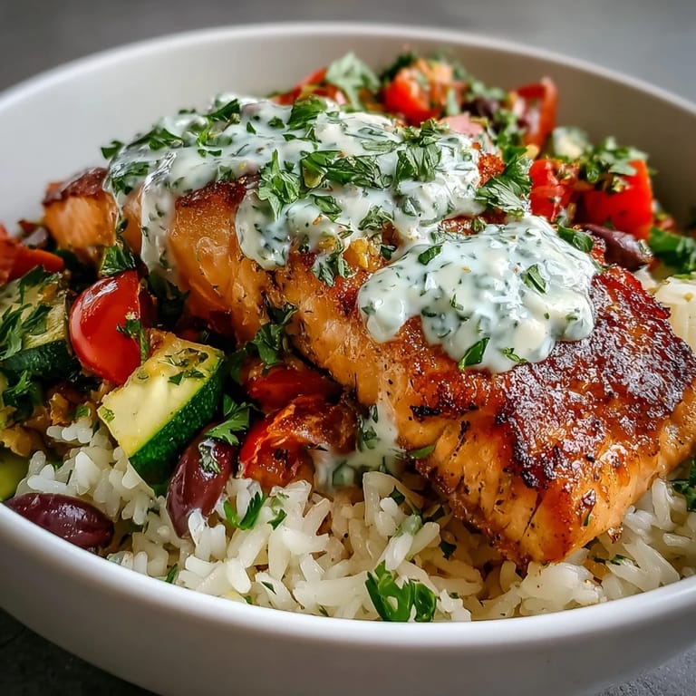 Crispy Rice Salmon Bowl served with a medley of bell peppers, zucchini, and tomatoes, garnished with fresh dill and lemon wedges.