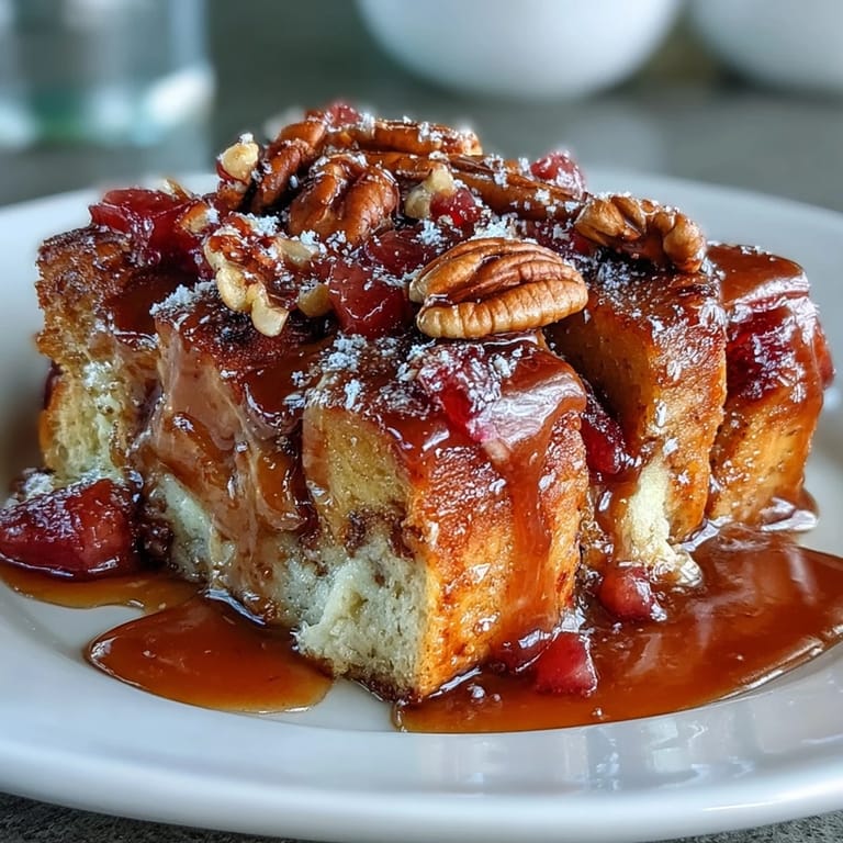 Close-up slice of Guava Caramel Bread Pudding With Pecans revealing a moist custard interior, pockets of tangy guava paste, and rich caramel dripping down the sides.