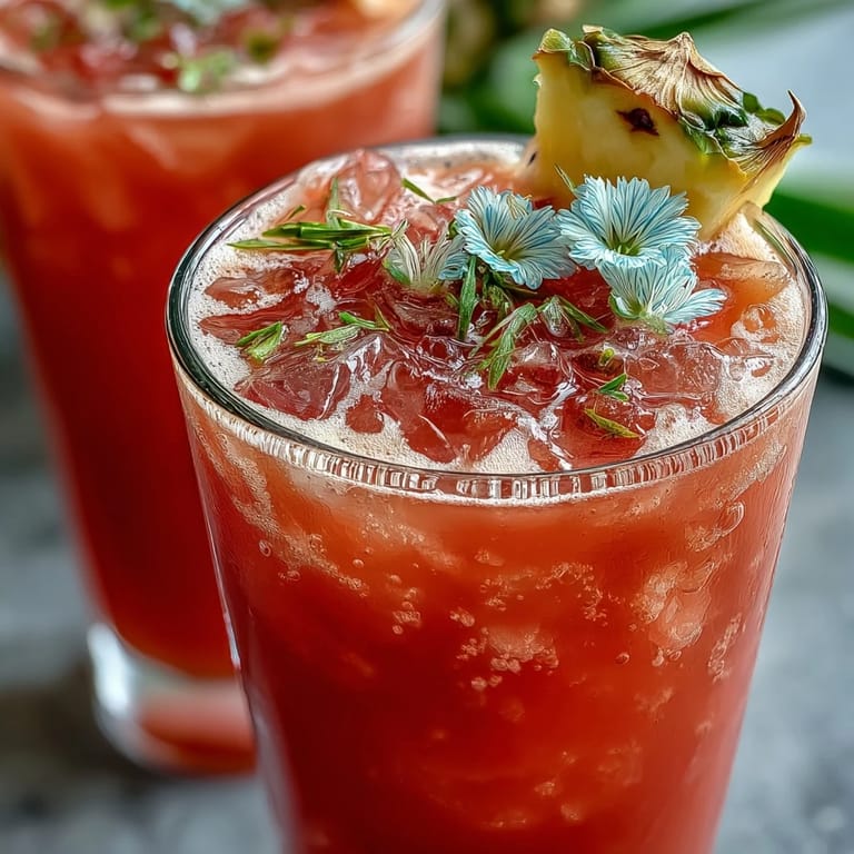 Close-up of a refreshing Iced Guava Passionfruit Drink featuring a pineapple wedge and edible flowers.