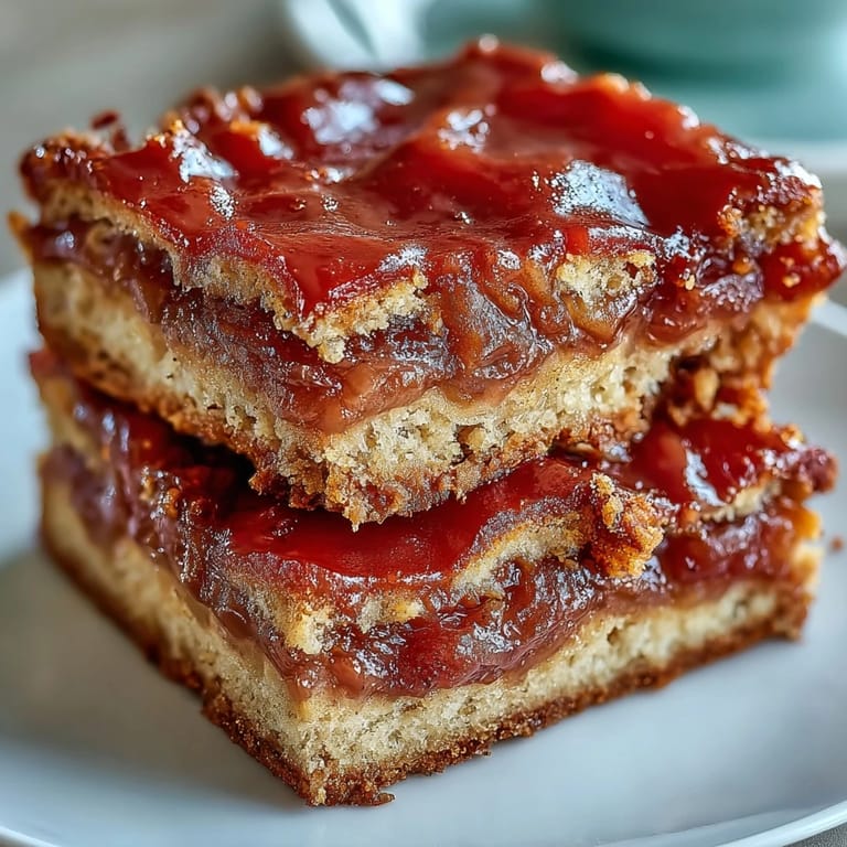 A stack of Guava Cake Bars dusted with powdered sugar, served beside a cup of coffee on a rustic table.