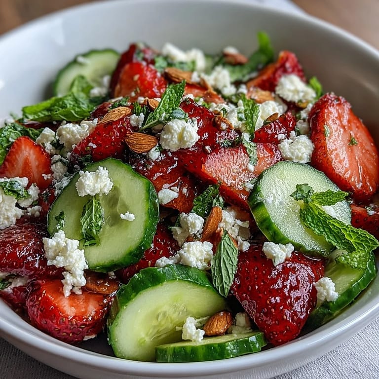 Refreshing strawberry and cucumber salad with mint, drizzled in lemon-honey dressing for a vibrant side.