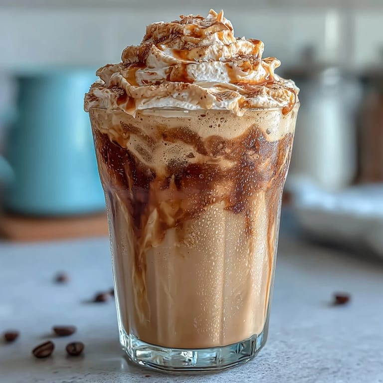 Iced vanilla bean frappuccino topped with luscious toasted coconut milk foam, a tropical twist on your favorite coffee drink.