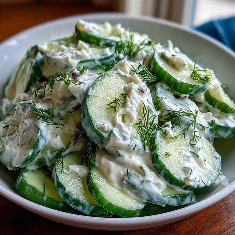 A close-up of creamy cucumber salad with dill and Greek yogurt, featuring crisp cucumber slices coated in a tangy, herby dressing, perfect for barbecues.